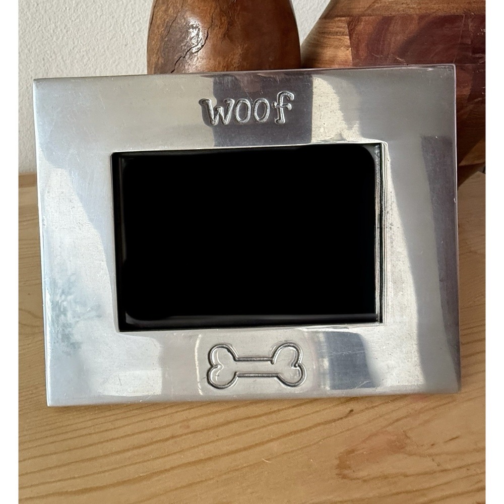 Metal Dog Photo Frame "Woof" Engraved with Dog Bone Engraving Silver Color 5.5x7